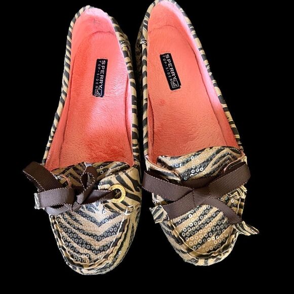 Sperry Topsider Tiger Print Mocassins with tie and sequin detail size 7 w/6.5fit - Picture 5 of 11